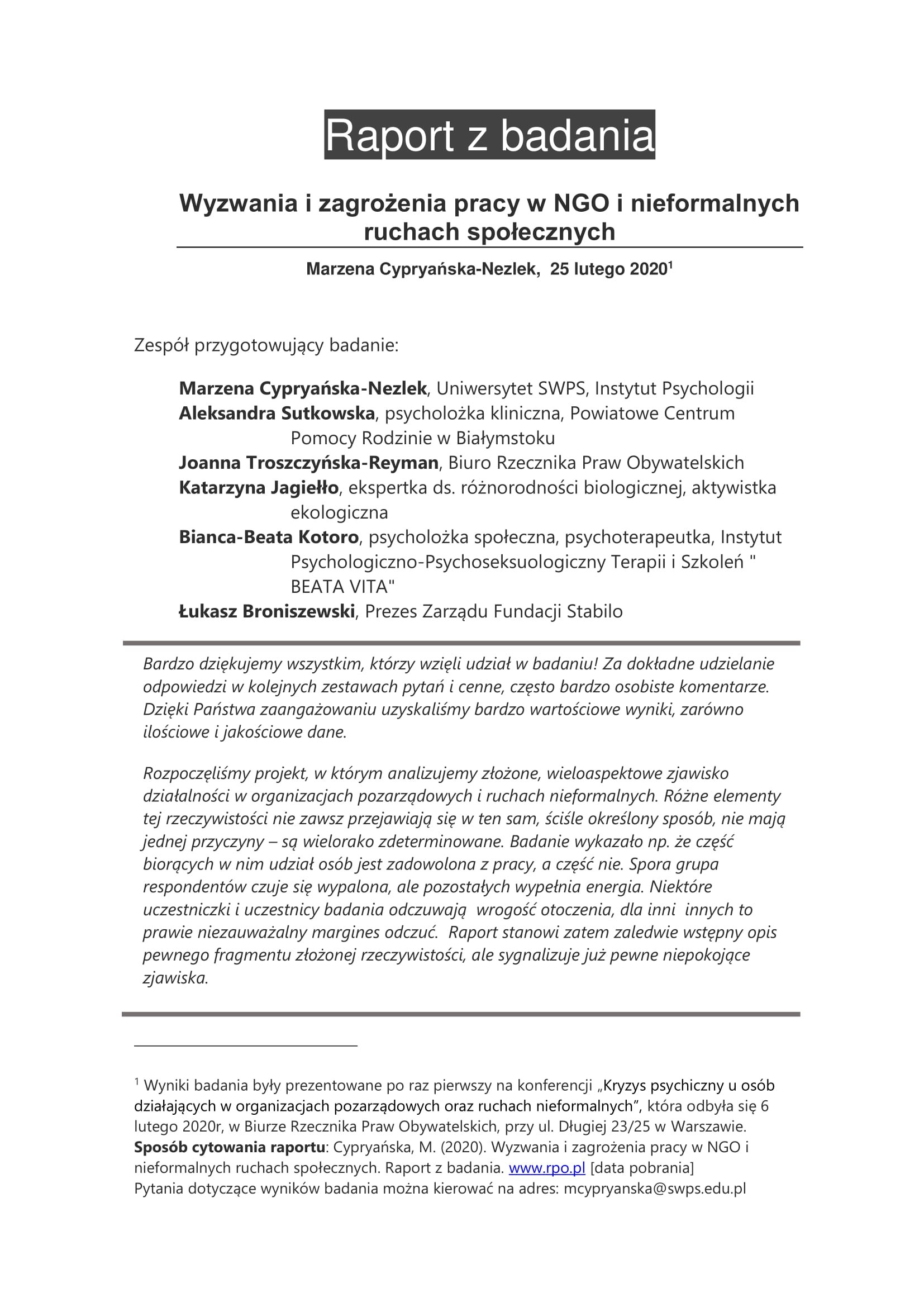 Raport z badania Marzena Cypryańska-Nezlek