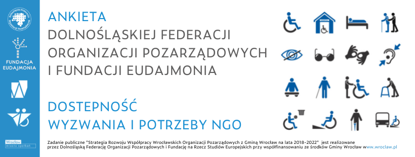 Kolorowa infografika w kształcie prostokątnym. Po lewej stronie, na niebieskim tle logotypy Dolnośląskiej Federacji Organizacji Pozarządowych, Fundacji Eudajmonia, Strategii Współpracy miasta Wrocławia z NGO, Grupy Branżowej do spraw osób z niepełnosprawnościami i Gminy Wrocław. Na środku, na białym tle napis: Ankieta. DFOP i Fundacji Eudajmonia. Dostępność. Wyzwania i potrzeby NGO. Po prawej stronie znajdują się małe ikonografiki przedstawiające różne formy niepełnosprawności. Na dole znajduje się informacja: zadanie publiczne strategia Rozwoju Współpracy Organizacji Pozarządowych z Gminą Wrocław na lata 2018-2022 jest realizowane przez Dolnośląską Federację Organizacji Pozarządowych i Fundację na Rzecz studiów Europejskich przy współfinansowaniu ze środków Gminy Wrocław www.wroclaw.pl
